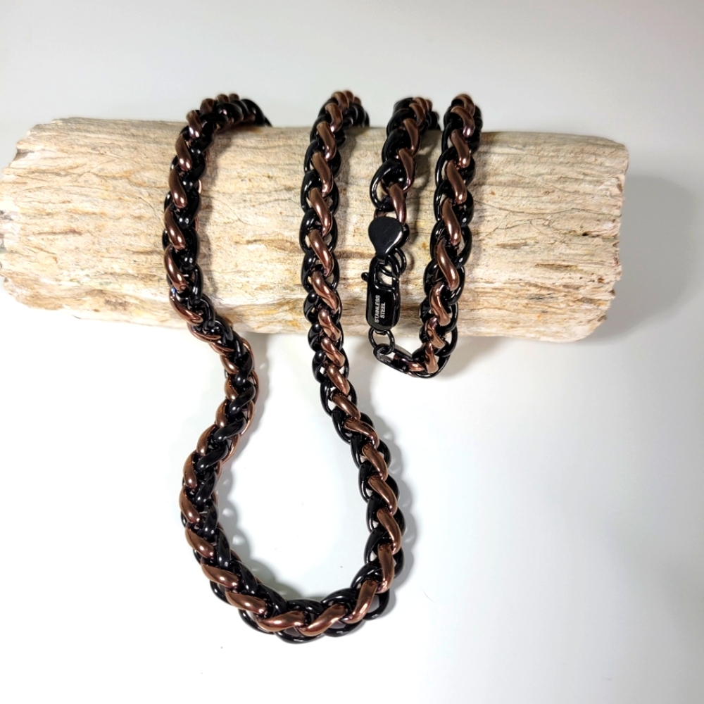 Inox  7mm Stainless IP Black & Rose Gold 24" Wheat Chain Lobster Claw Closure